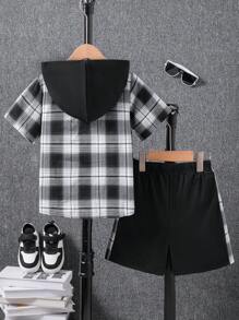 2pcs/Set Young Boy Casual British Style Plaid Patchwork Hooded Short Sleeve T-Shirt And Side Plaid Shorts Set, Spring/Summer - Black and White - View 2