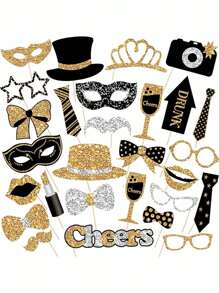 30 sztuk czarnych złotych rekwizytów do fotobudki na urodziny, wesela, bal maturalny, noworoczne artykuły imprezowe, kapelusze, szminka, krawat, korona