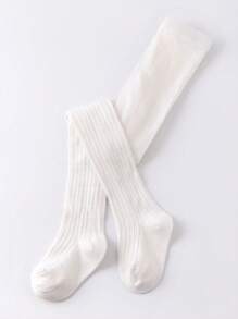 1pc Kids Solid Color Vertical Striped Tights, High Elasticity And Comfort All Season - White - View 4