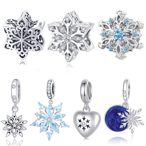 WOSTU 1pc 925 Sterling Silver Shiny Winter Sownflake Charm Beads Pendant Fit DIY Bracelet Necklace Fine Jewelry Making Holiday Season Gift For Girl&Women
