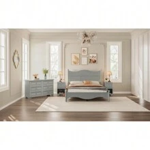 Queen Size Elegant Design Wood Platform Bed Frame,Retro Style Platform Bed With Wooden Slat Support,White, Gray - Gray + Wood - View 11