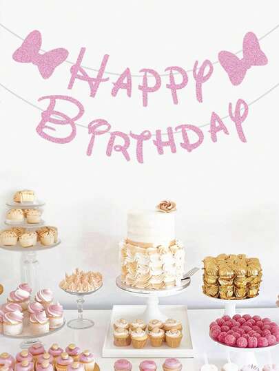 粉色老鼠蝴蝶结“生日快乐”横幅 - 适合粉色老鼠主题生日派对装饰