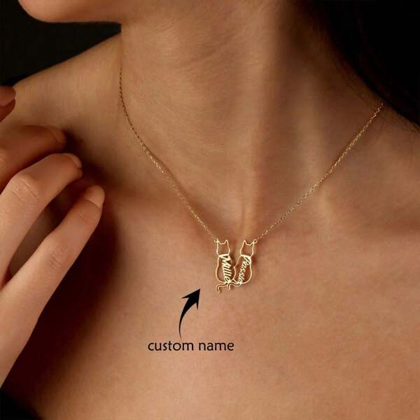 Colar personalizado com nome de gato, colar com nome de gato, presente memorial personalizado para gato, colar com silhueta de gato, joias personalizadas com letras de gato