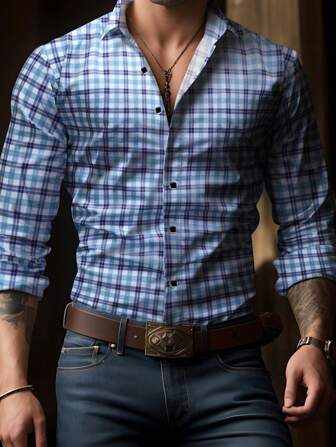 Camisa de manga larga de solapa de un solo pecho con patrón de cuadros clásico en azul , adecuada para verano, primavera, otoño, ocasiones casuales, de negocios y formales, para otoño