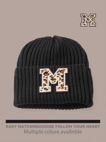 1pc Letter & Leopard Striped Casual Bohemian Acrylic Solid Embroidered Ski Beanie Hat, Knitted, Autumn/Winter, Versatile