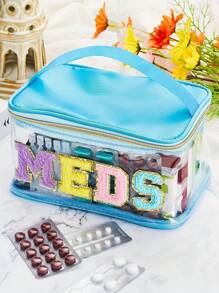 1 pièce Sac de maquillage minimaliste de couleur unie, imprimé de lettres en chenille, organisateur de voyage et de dortoir pour femmes, grande capacité, imperméable et portable, excellent cadeau pour maman, accessoire de voyage, trousse de maquillage multifonctionnelle pour les fêtes, fournitures scolaires, étui à cosmétiques, organisateur de cosmétiques, cadeau d'hiver pour elle - Multicolore - Voir 7