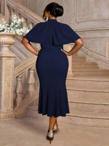 大码高领荷叶边披肩领美人鱼轮廓派对礼服，婚礼宾客礼服 - 藏蓝色 - 查看 6