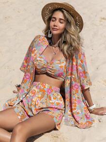 Rusttydustty Summer Multicolor Floral Print Tops, Cardigans And Shorts, Women's Beach Wear Three Pieces Set, Short-Sleeved Bohemian Seaside Holiday Music Festival. - Light Blue - View 1