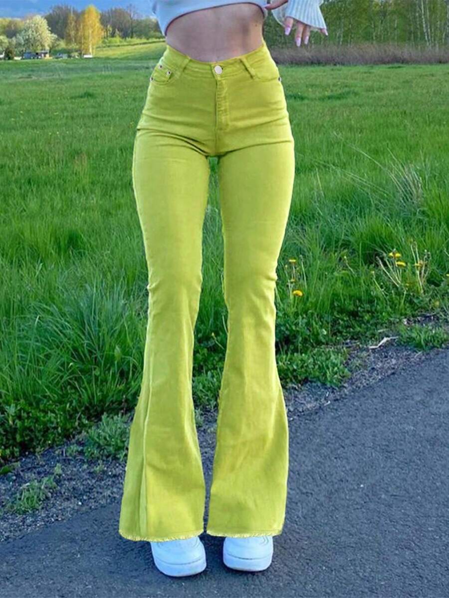 Women's Flare Bell Bottom Jeans Mid Waisted Wide Leg Bootcut Jeans Stretchy Denim Pants - Green - View 1