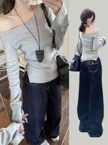 Suéter de punto para mujer con hombro asimétrico, patchwork acanalado, en estilo retro de principios de otoño - Gris - Ver 3