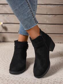 新款时尚休闲厚底踝靴，百搭纯色拉链踝靴，黑色踝靴，粗跟踝靴，优雅女士踝靴 - 黑色 - 查看 4