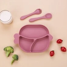 3pcs/Set Baby Feeding Tableware Set, With Divided Plate, Suction Cup Silicone Plate, Toddler Cutlery Including Fork & Spoon, Cute Fish Design
