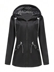 Spring/Autumn Long Sleeve Hooded Waterproof Mid-Long Windbreaker Jacket For Women Outdoor Activities