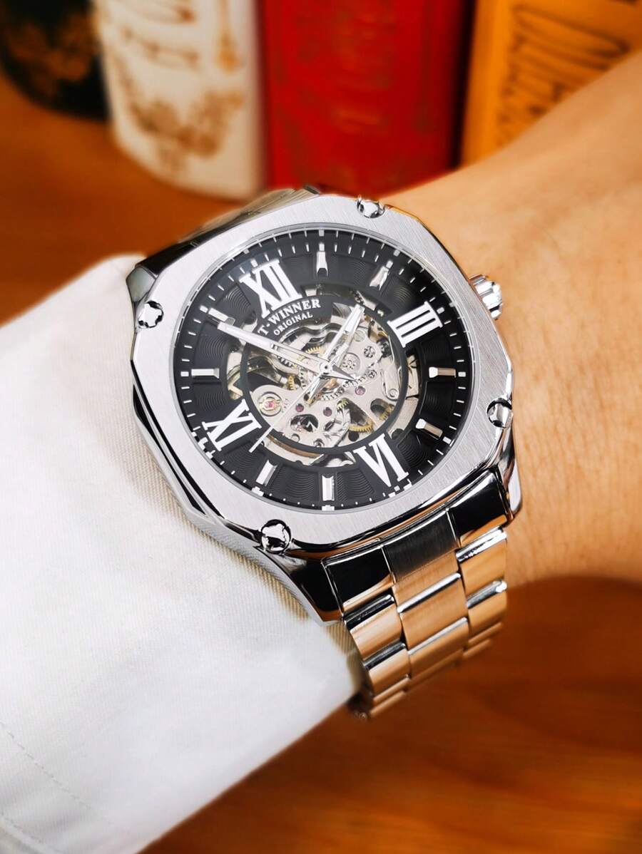 1 件男士时尚奢华方形镂空自动机械表夜光指针不锈钢表带顶级品牌商务休闲男士手表礼品带盒 - 銀色 - 查看 1