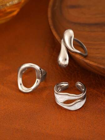 3 st/set rostfritt stål glänsande ihåliga vattendroppsformade ringar, modesmycken tillbehör lämpliga för kvinnors vardagsbruk