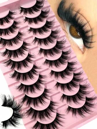 LYBCG 10 Pairs 5D Fluffy Faux Mink Eyelashes, Thin & Thick, Curly, 3D Natural Style, Suitable For Party, Daily Wear, Cat Eye Design, Applicable For Various Occasions