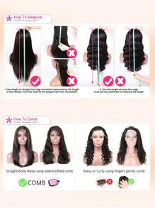 V 型假发 波浪巴西纯人发女士假发 V 型无胶假发 全头半截假发 V 型假发 不脱落蕾丝前假发 150% 密度 - Natural Black - 查看 9