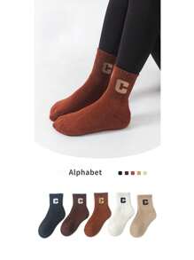 5 双儿童厚毛圈袜，带字母印花，保暖且保暖内衬，中筒长度婴儿手套袜