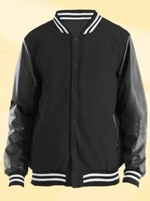 Mens Melton Faux Leather PU Sleeve Letterman Varsity Jacket Casual New Autumn Men Jacket - 黑色 - 查看 1