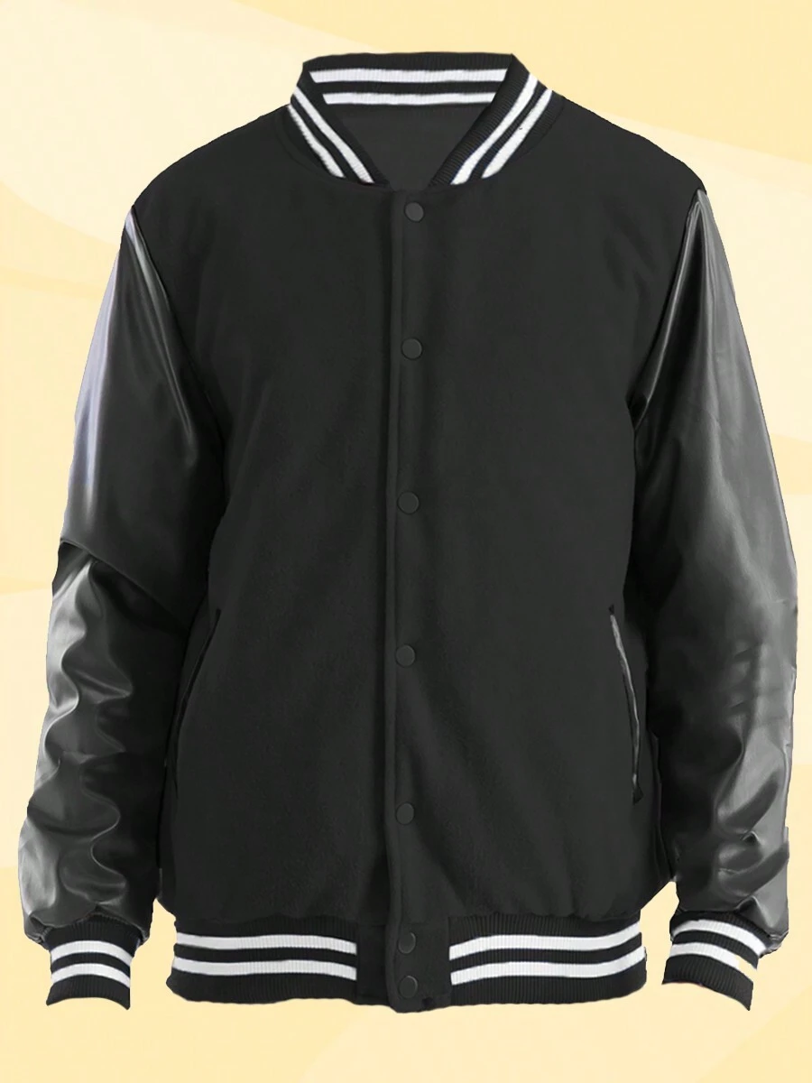 Mens Melton Faux Leather PU Sleeve Letterman Varsity Jacket Casual New Autumn Men Jacket - 黑色 - 查看 1