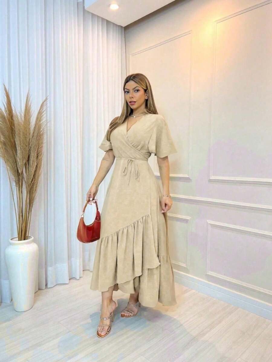 Vestido envelope midi com babado manga flare decote V - Bege - Visão 1