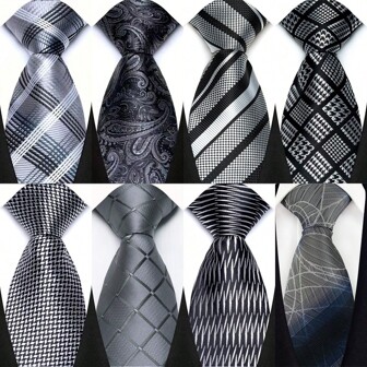 GOADAFOO Corbata de lujo de 8 cm para hombre en color gris, negro y blanco con diseño de puntos, rayas y flores - corbata de cuello jacquard tejida para hombre, novio, negocios, boda y fiesta