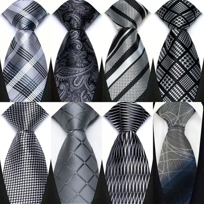 GOADAFOO Luxury 8CM Men Tie Gray Grey Black & White Color Dot Stripes Floral Necktie For Man Groom Jacquard Woven Neck Tie For Business Wedding Party