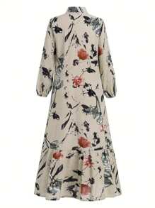 Vestido kaftan árabe con estampado floral, manga larga, abotonadura sencilla y volante en el dobladillo, modesto