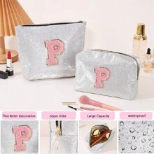 Stylowa kosmetyczka podróżna z inicjałami, pomysł na prezent świąteczny dla kobiet, spersonalizowana kosmetyczka w stylu college'u, srebrna, duża pojemność, wielofunkcyjna kosmetyczka, wysokiej jakości torba organizacyjna, zawiera mniejszą saszetkę - Srebro - Zobacz 12