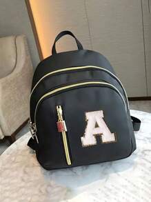 女士尼龙材质时尚背包，毛巾布刺绣字母A-Z，多功能时尚设计，拉链封口，大容量学生书包，多口袋设计，适合女孩、小女孩、小学和初中学生使用，可用于上学、旅行、送亲友、生日礼物、旅行用品等。 - 黑色 - 查看 8