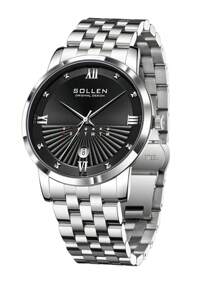 SOLLEN Silver‌ Luxury Men's Dress Watch, Stainless Steel Waterproof Business Casual Quartz Watch With Calendar, Fashionable Gift For Men