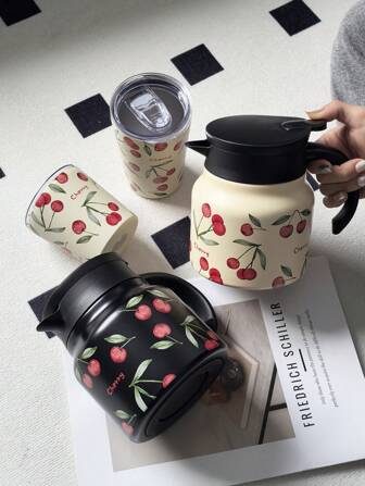 1pc 800ml Stainless Steel Double-Layer Vacuum Insulated Coffee/Tea Pot With Cherry Blossom Pattern, Suitable For Office, Restaurant, Outdoor, Christmas, Valentine's Day, Mother's Day And Other Holidays Gift