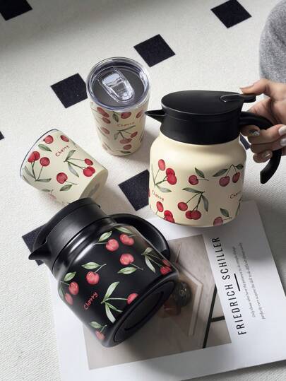 1pc 800ml Stainless Steel Double-Layer Vacuum Insulated Coffee/Tea Pot With Cherry Blossom Pattern, Suitable For Office, Restaurant, Outdoor, Christmas, Valentine's Day, Mother's Day And Other Holidays Gift