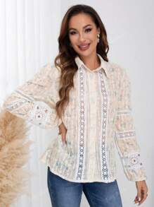 Eilly Bazar Women's Collared French Princess Sleeve Patchwork Floral Embroidery Long Sleeve Vacation Shirt, Spring/Summer