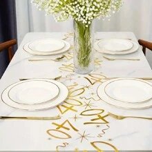 1 pieza Elegante tapete de mesa dorado chapado, adecuado para decoración de fiestas de cumpleaños de 18, 20, 40, 50, 60 años, aniversarios, jubilación, decoración de fiesta de feliz cumpleaños
