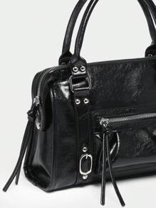 1 件女式复古 Y2K 机车朋克风格铆钉装饰扣多口袋仿油性裂纹皮革摩托车波士顿包，适合街头、约会、派对 - 黑色 - 查看 3