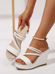 女士厚底坡跟凉鞋，夏季编织石纹白色凉鞋，海滩度假防水高跟鞋 - 白色 - 查看 2