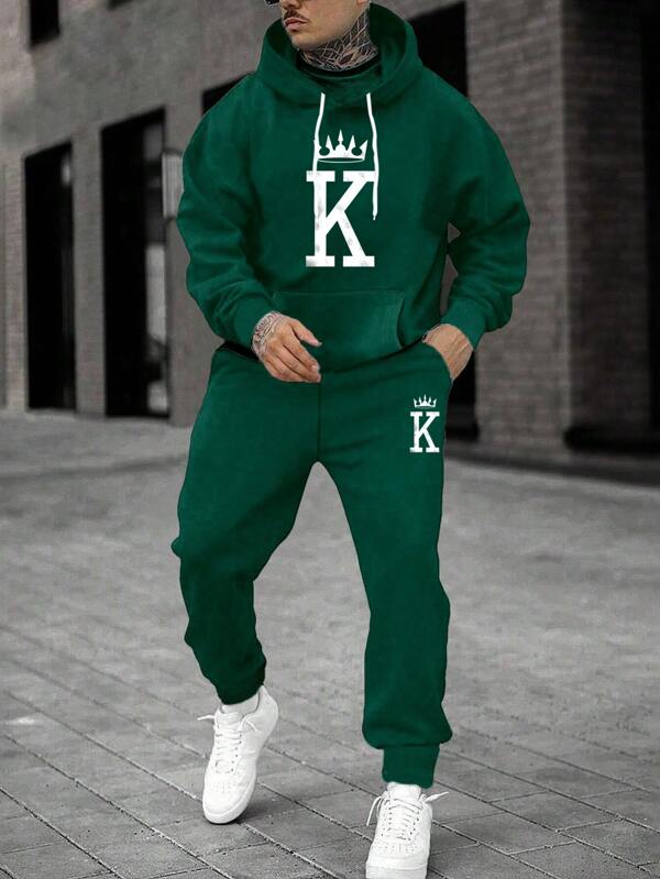 Men's Letter K Print Sweatshirt Set, Fall Clothes