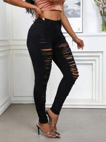 Sexyshine Women's High Waisted Skinny Destroyed Ripped Hole Denim Pants Long Stretch Pencil Jeans For Women - Black - View 2