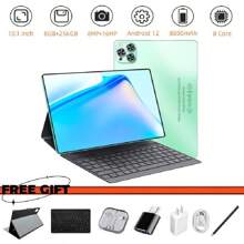 New 2024 Android 12 Tablet 8 Core 2.0Ghz/8GB RAM/256GB ROM Support 256GB SD Expansion/10.1-Inch 1920*1080 LED Screen/5G.4G WIFI /Dual SIM Card Callable/8800mah/Type-C/8mp+16mp Webcam/With Leather Case, Keyboard, Stylus, Adapter, Earphones,OTC Connectors