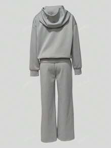 Conjunto Esportivo Casual Feminino de Outono e Inverno com Moletom de Manga Longa com Bolso, Parte Superior com Capuz, Calça Reta de Cintura Elástica com Bolso, Cor Sólida, Solto, Duas Peças