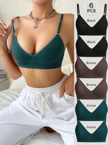 6件套多色女士后开扣文胸，无钢圈无垫舒适文胸，可调节肩带，无缝文胸和运动文胸