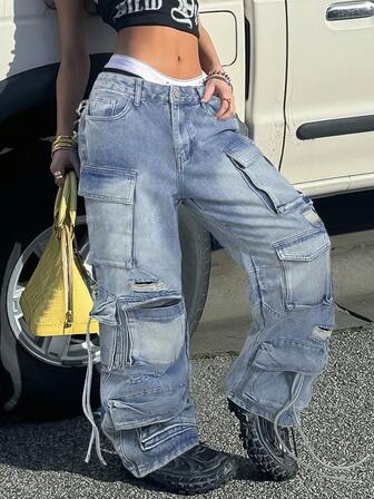多口袋宽松直筒牛仔裤