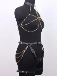 2件套女士链条皮革内衣束缚带身体笼胸罩异域朋克配饰性感内衣带吊袜带剑形腰带