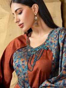 Handmade Double-Sided Print & Jacquard Fabric Long Sleeve Dress, Rhinestone Decor, Suitable For Daily Gathering, EID