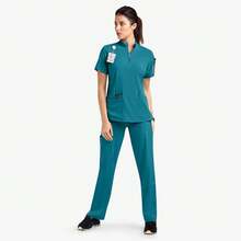 1 Set Women Short Sleeve Mock Collar Zip Front Scrub Uniform Suit, Made Of Polyester Frost-Faced Fabric, Loose Fit Nurse Scrub Uniform, Suitable For Hospital, Healthcare Scrub Uniform - Blue - View 6
