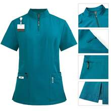 1 Set Women Short Sleeve Mock Collar Zip Front Scrub Uniform Suit, Made Of Polyester Frost-Faced Fabric, Loose Fit Nurse Scrub Uniform, Suitable For Hospital, Healthcare Scrub Uniform - Blue - View 3