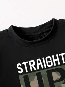 男童字母印花圆领短袖 T 恤和工装裤套装 - 黑色 - 查看 4