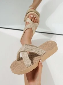 Women's Wedge Sandals, Low Heel Camel Color Sandals, Color Block Slide Slippers With Criss-Cross Laces, Open Toe Slip On, Versatile For Daily Commute, Outdoor, Travel, Beach, Black - Camel - View 3