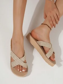 Women's Wedge Sandals, Low Heel Camel Color Sandals, Color Block Slide Slippers With Criss-Cross Laces, Open Toe Slip On, Versatile For Daily Commute, Outdoor, Travel, Beach, Black - Camel - View 5